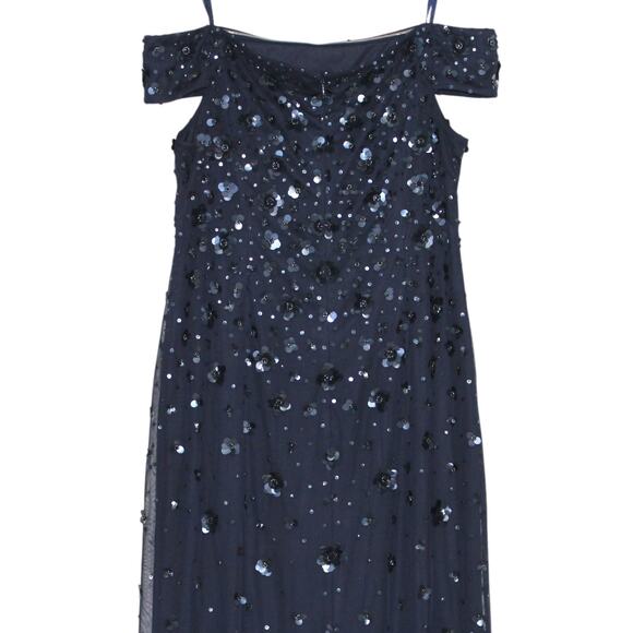 Adrianna Papell Navy Beaded Off Shoulder Formal Maxi Dress Size 14 - Picture 10 of 13